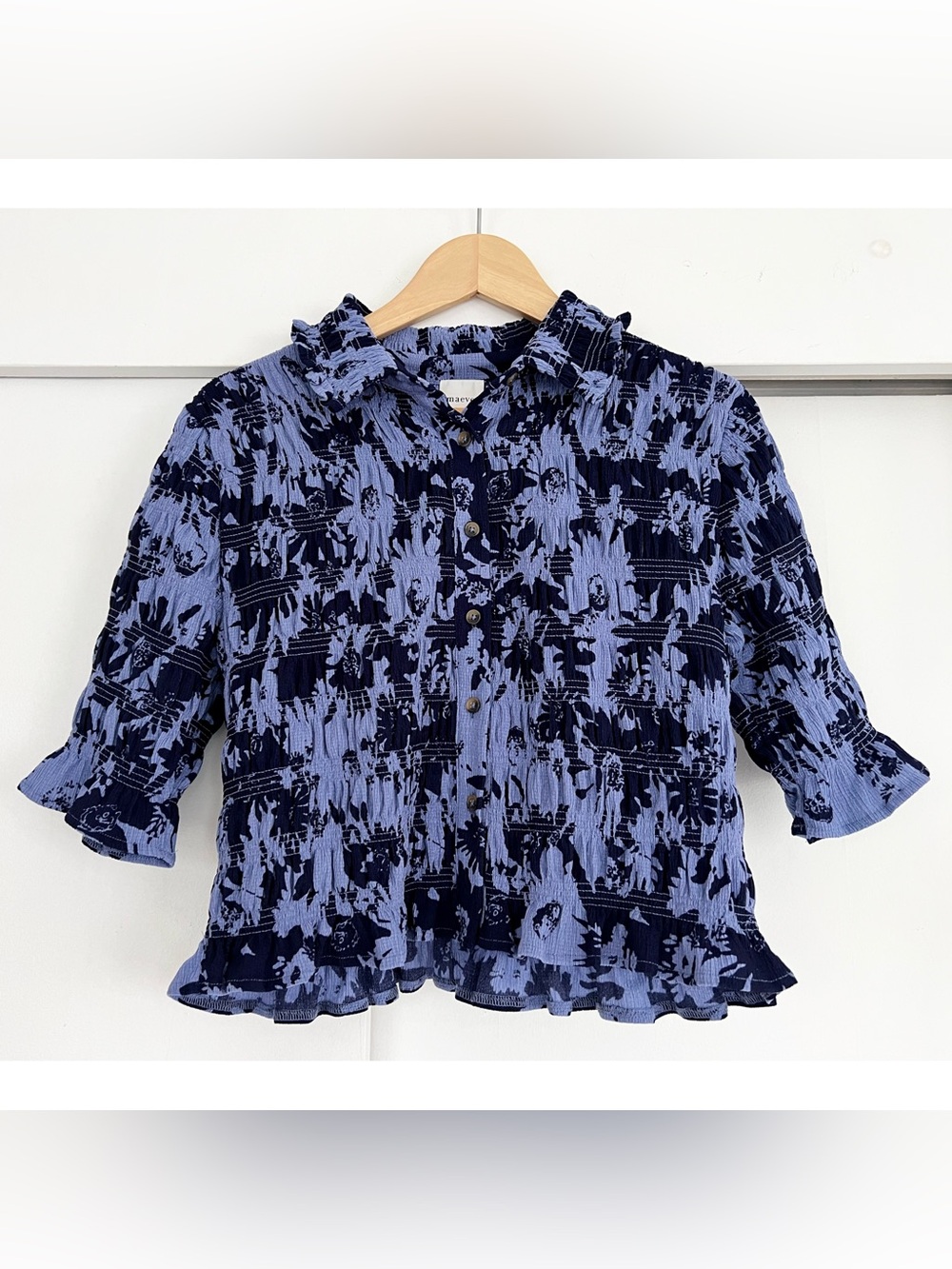 Anthropologie Maeve Periwinkle Floral Smocked Ruffle Cropped Top M